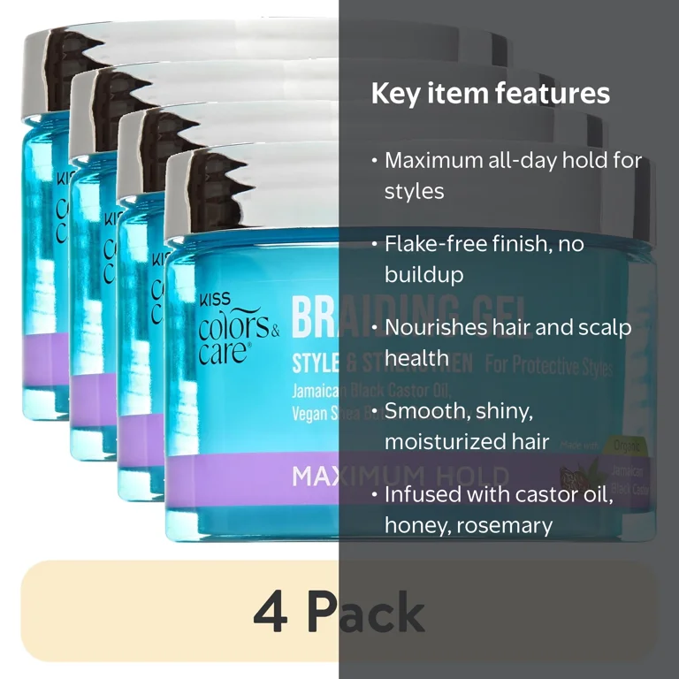 4 pack) Kiss Colors & Care Braiding Hair Styling Gel, Level 7