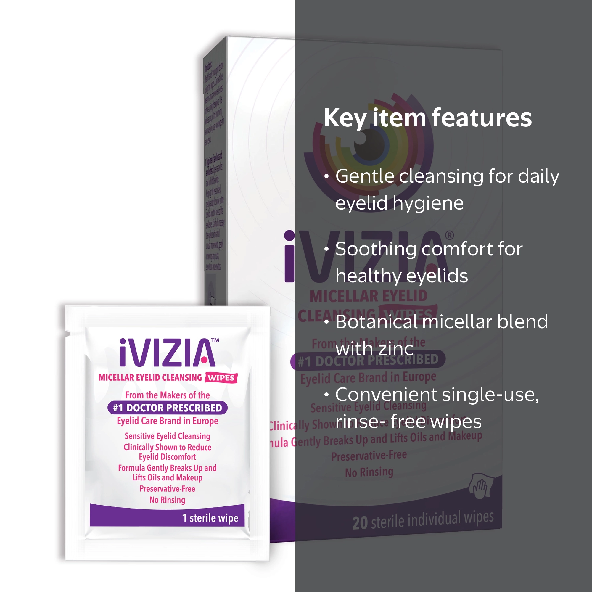 iVIZIA Eyelid Cleaning Makeup Remover Wipes for Sensitive Skin, 20