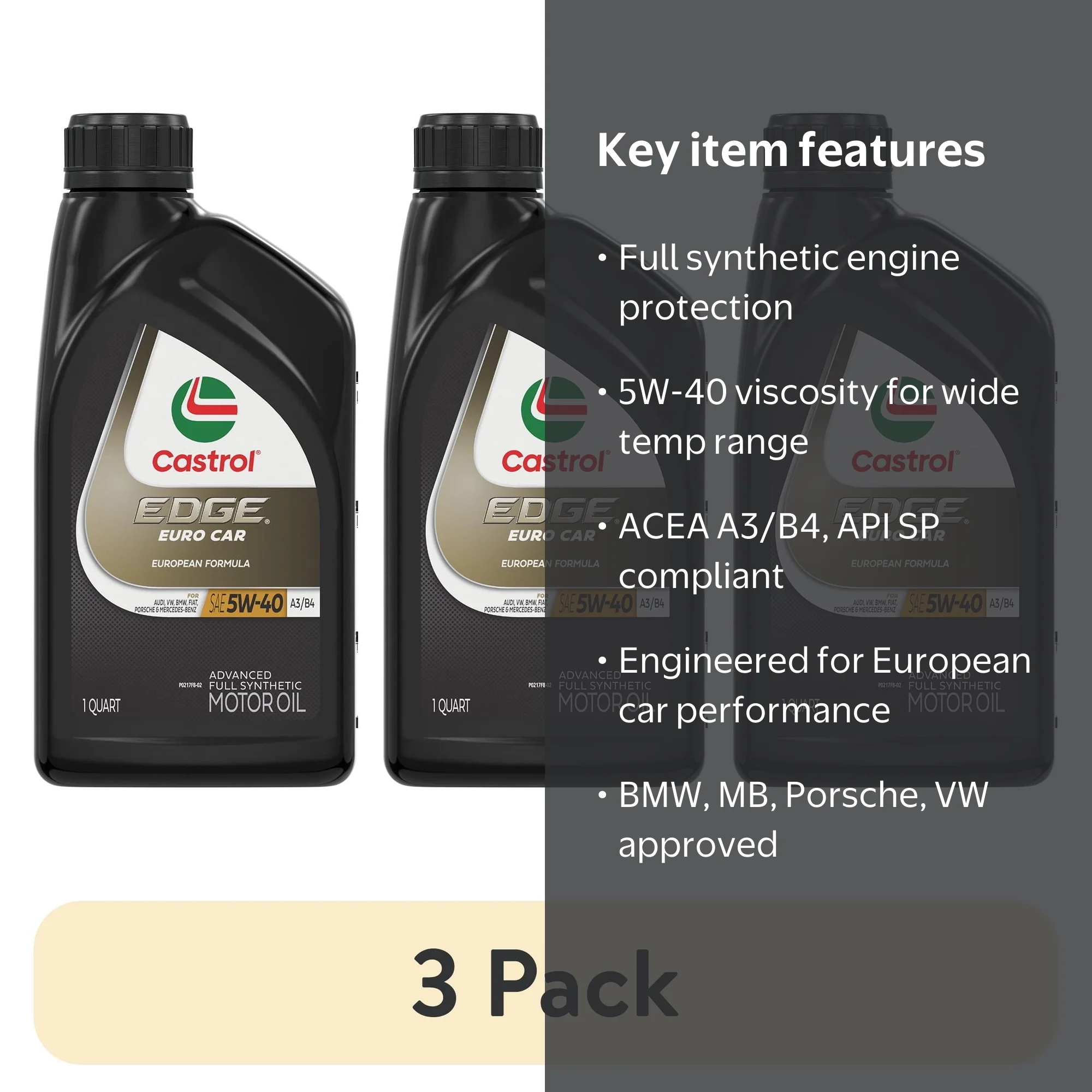 3 pack) Castrol EDGE Euro 5W-40 A3/B4 Advanced Full Synthetic
