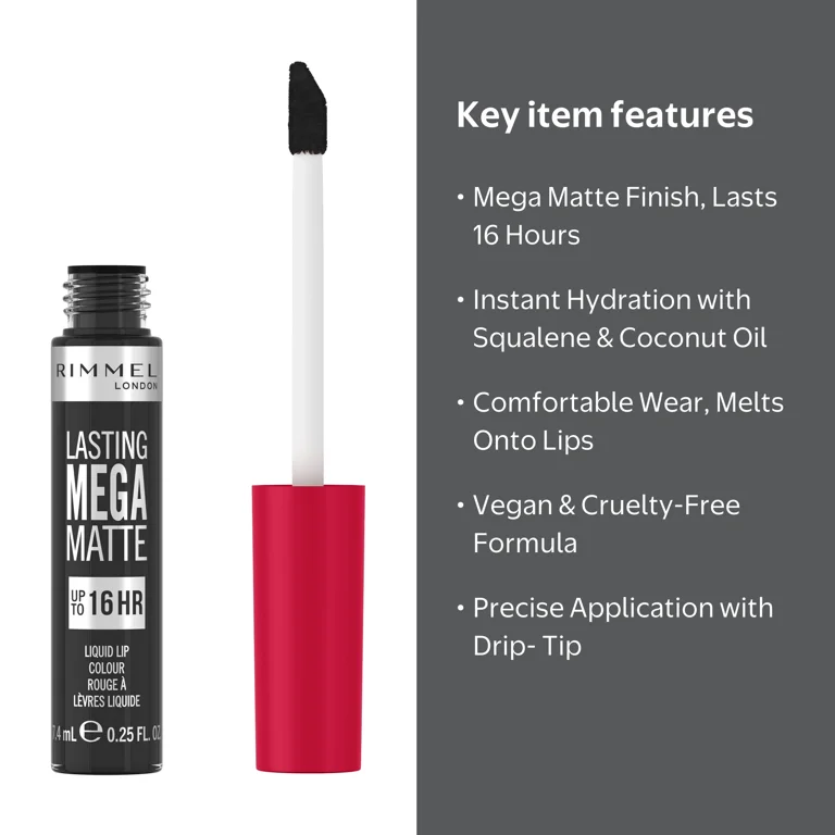 RIMMEL Lasting Mega Matte Liquid Lipstick, 840 Pitch Black, 0.25