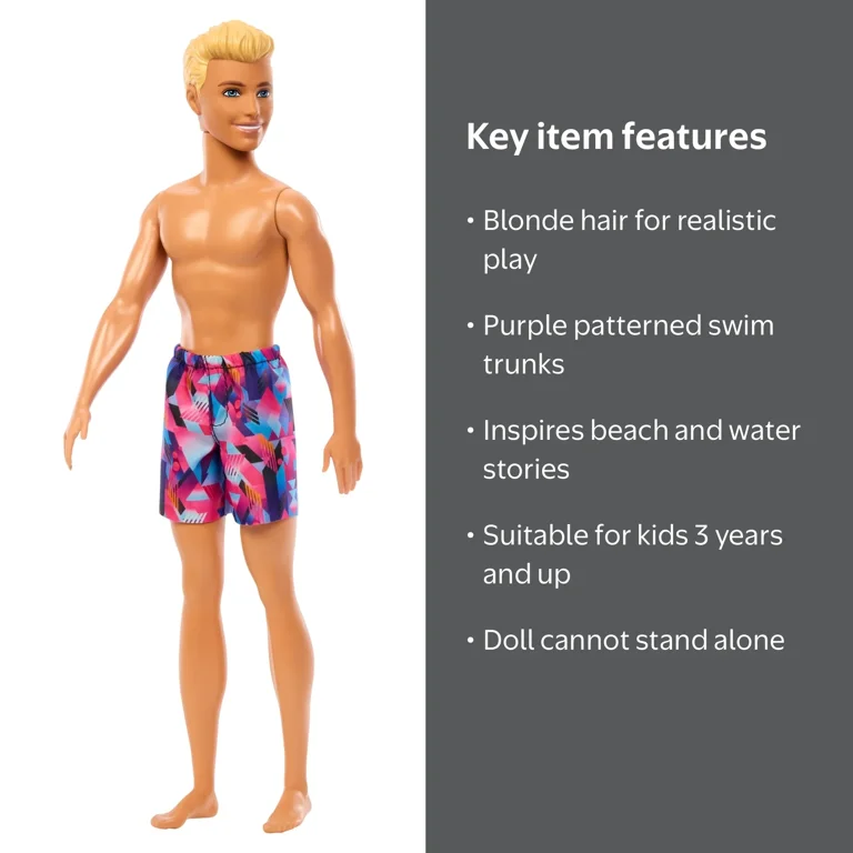 Ken Barbie Beach Day Ken Doll with Blond Hair Wearing Purple Patterned
