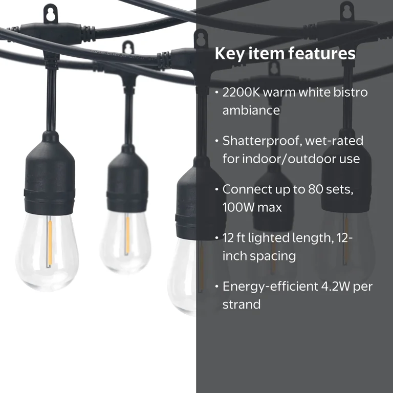 Better Homes & Gardens 12-Foot Outdoor Commercial String Light, 6 Shatterproof LED Bulbs, Plug-In, Weather-Resistant