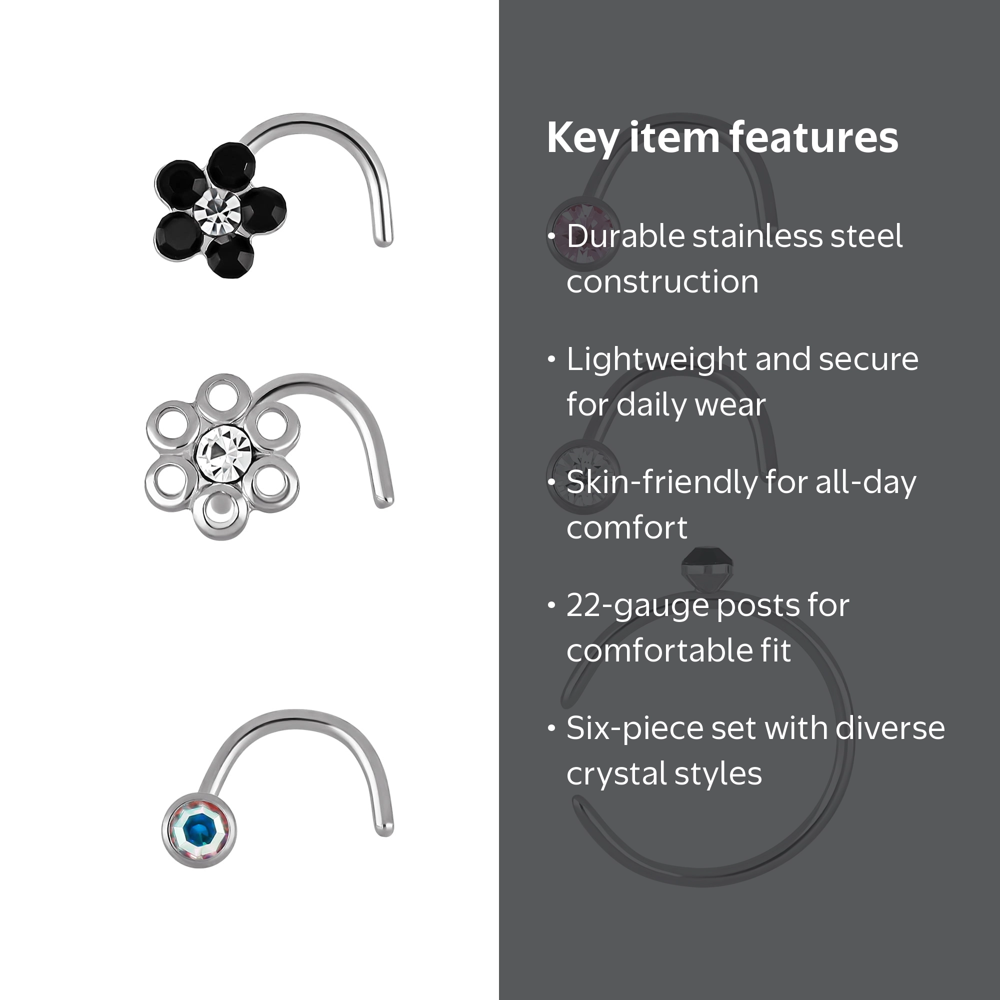 Adult Women's Stainless Steel 22G Multi Shape Crystal Stud Nose