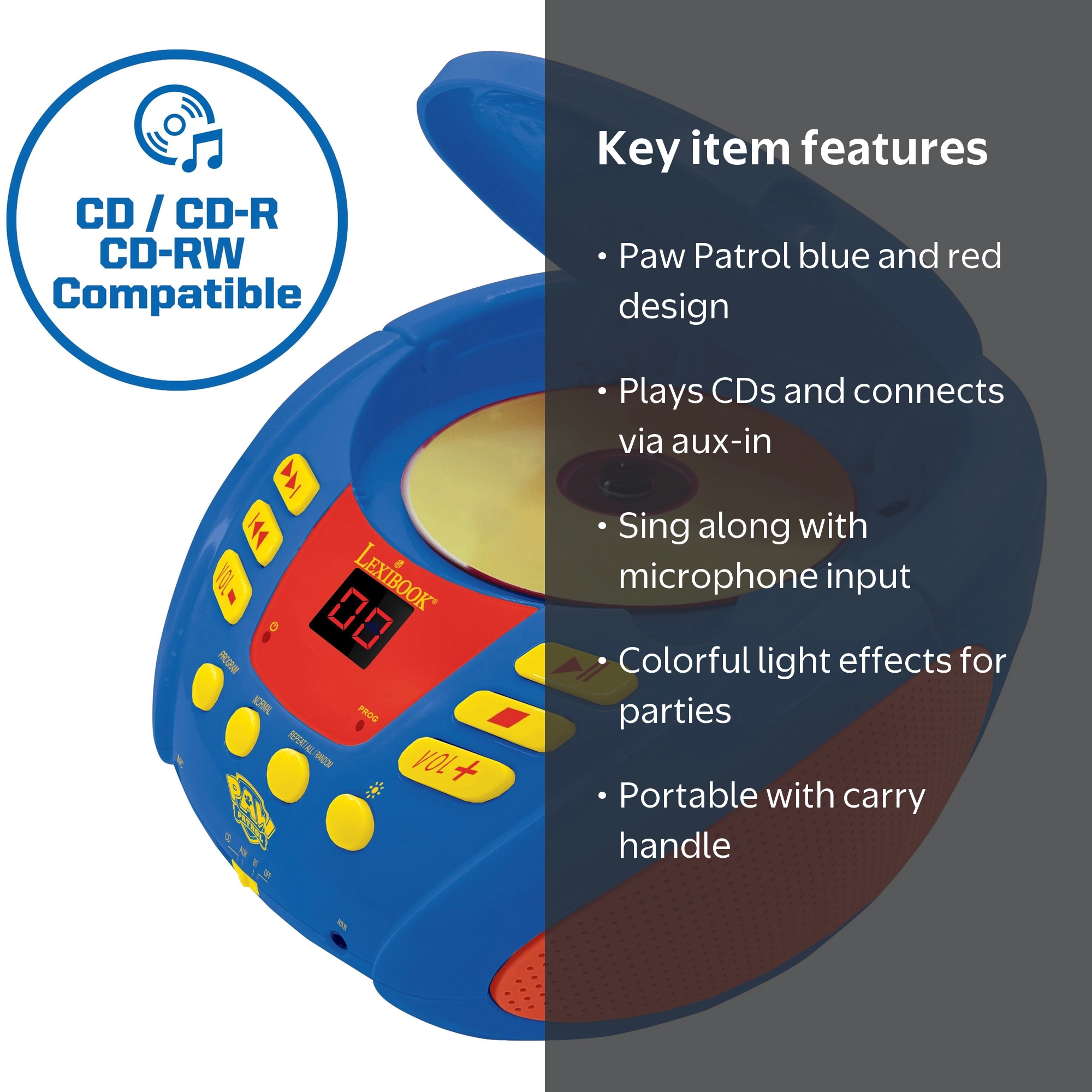 Lexibook Paw Patrol Bluetooth CD Player, Lights, Mic, Blue/Red