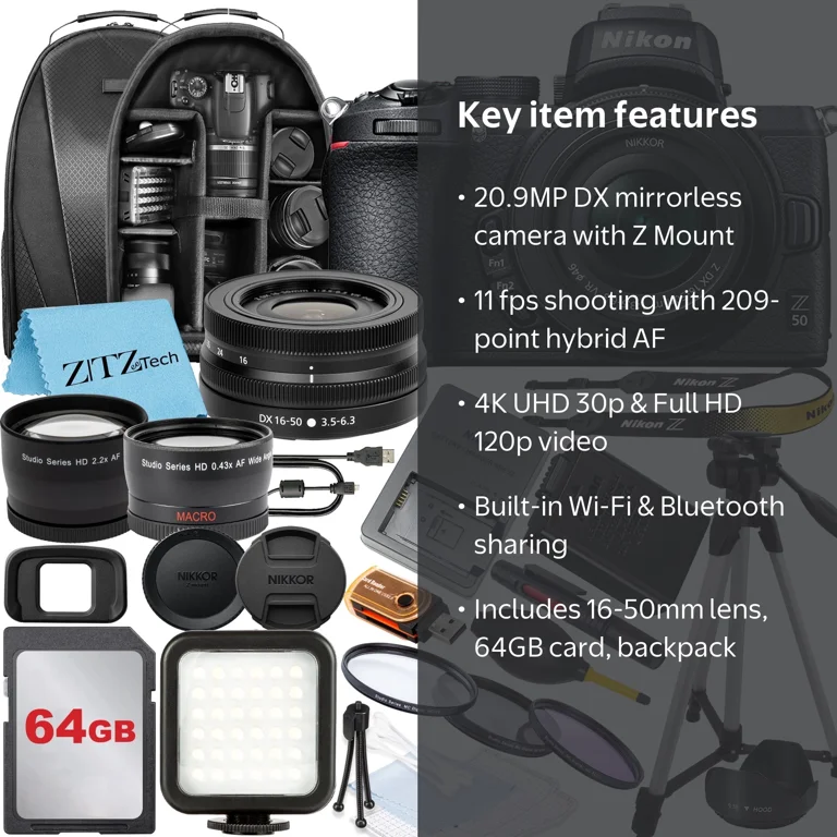 Nikon Z50 Kit: Mirrorless Camera, NIKKOR 16-50mm VR Lens, 64GB Nikon Z50 Kit: Mirrorless Camera, NIKKOR 16-50mm VR Lens, 64GB