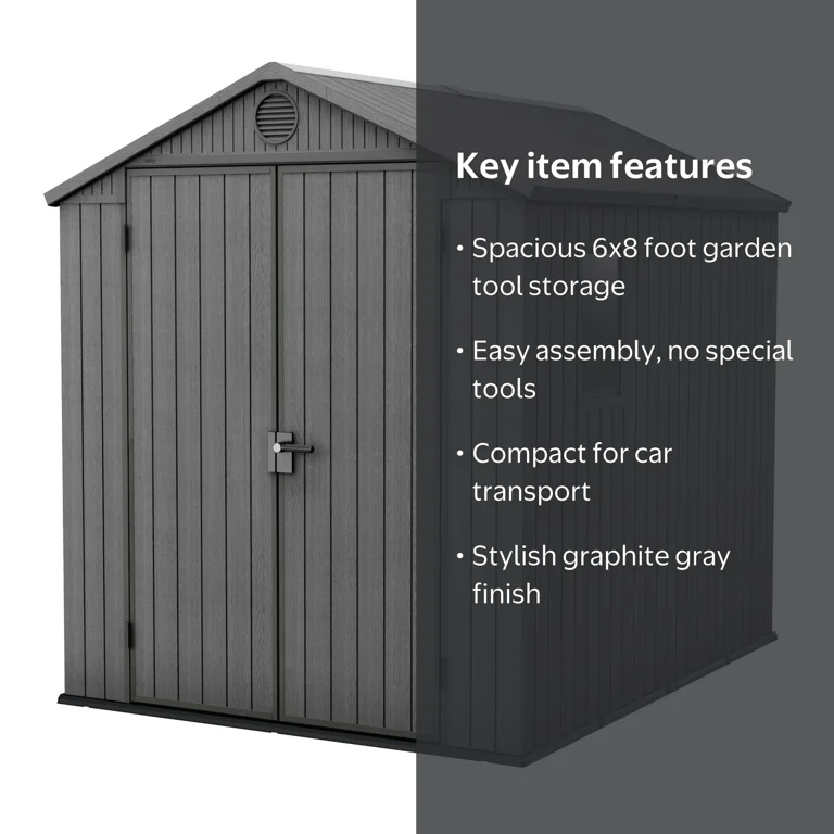 Keter Darwin 6x8 Foot Outdoor Garden Storage Shed, Graphite Gray