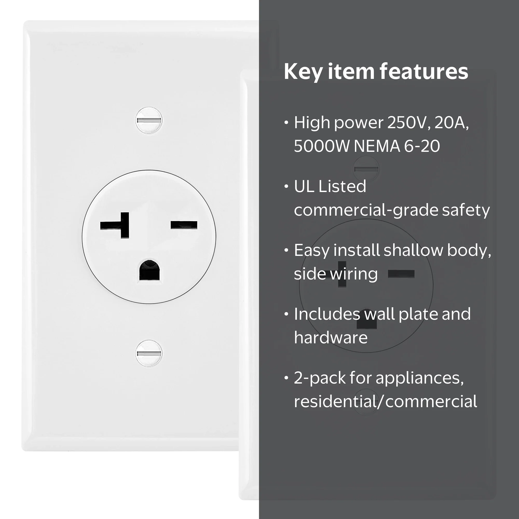 Maxxima 20A Single Receptacle Outlet – 2 Pack, 250 VAC Commercial Grade White, NEMA 6-20, UL Listed, Wall Plates Included, For Appliances & Renovations