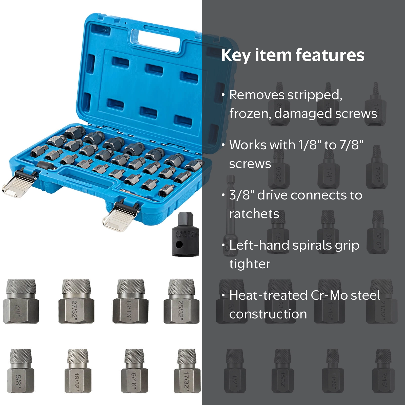 Costway, 27 PCS Multi-Spline Screw Extractor Set, 3/8 in, Blue