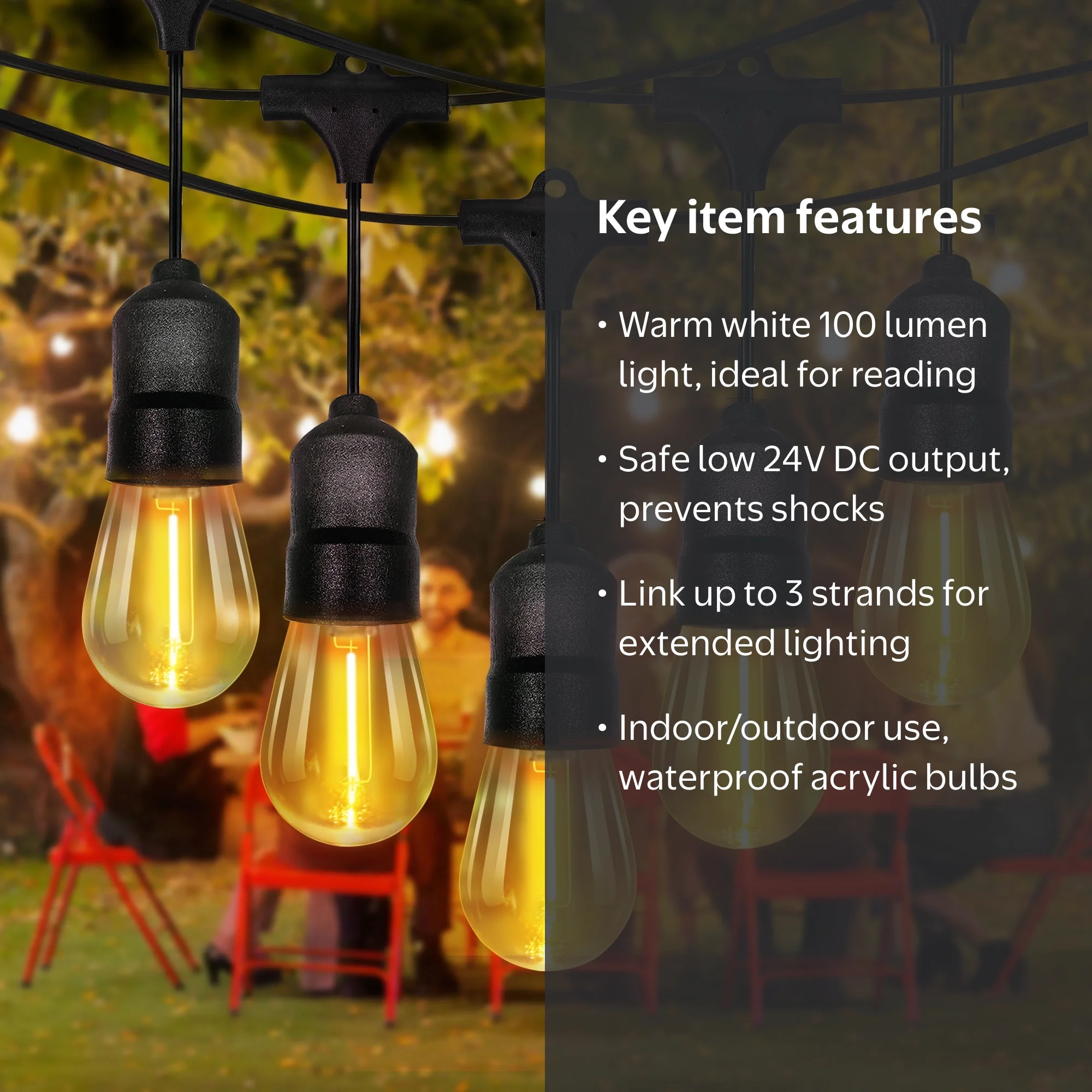 SWEIFI 12FT Warm White LED Outdoor String Light – Dimmable, Waterproof, Shatterproof, Connectable, With 8 Modes For Patio, Porch, And Garden (2700K)