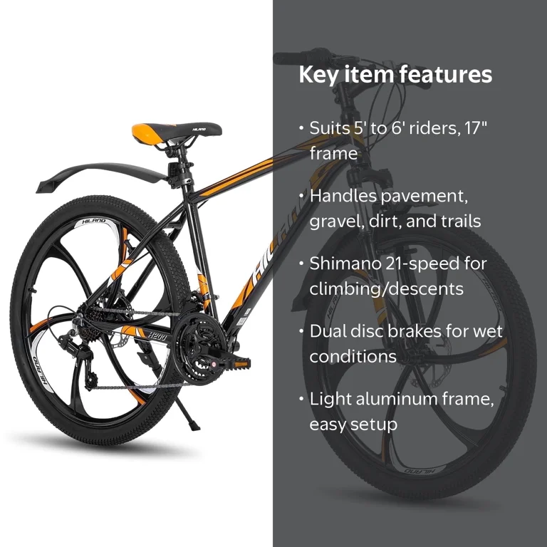 HILAND Mountain Bike, 26 inch, Orange, Aluminum Frame, Shimano 21