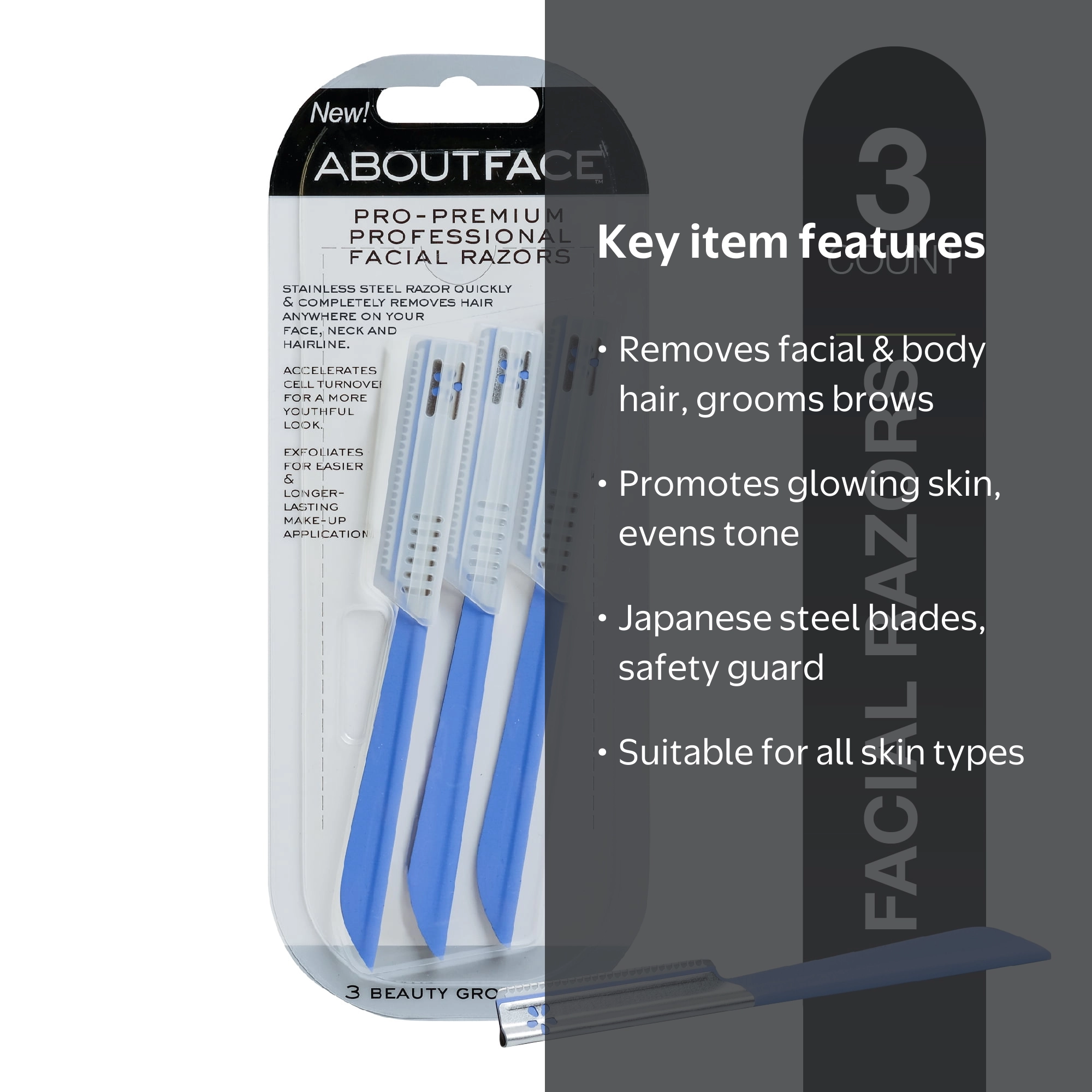 About Face Pro-Premium Facial Razors, 3 Pack, Dermaplane Kit for