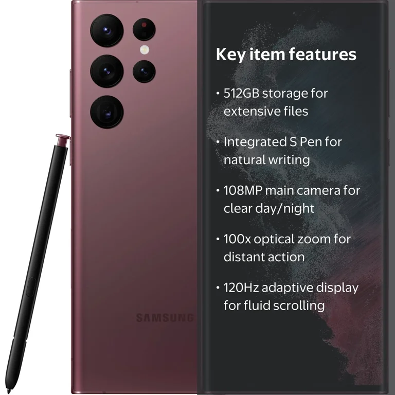 Samsung Galaxy S22 Ultra 512GB バーガンディ Samsung Galaxy S22 ULTRA 5G, 512GB BURGUNDY - Unlocked - Walmart.com