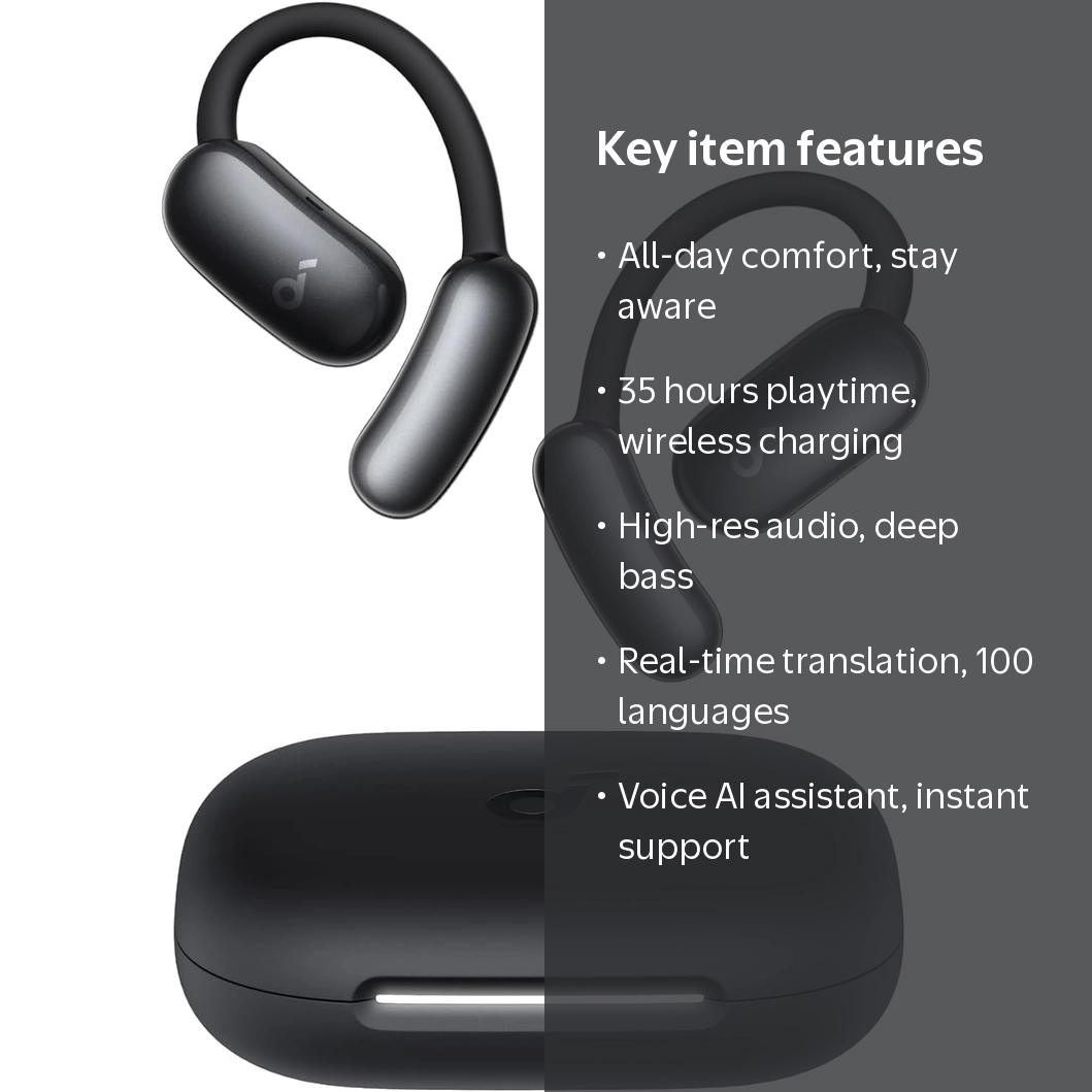 Soundcore AeroFit 2 AI Open-Ear Headphones, Pressure-Free, Black
