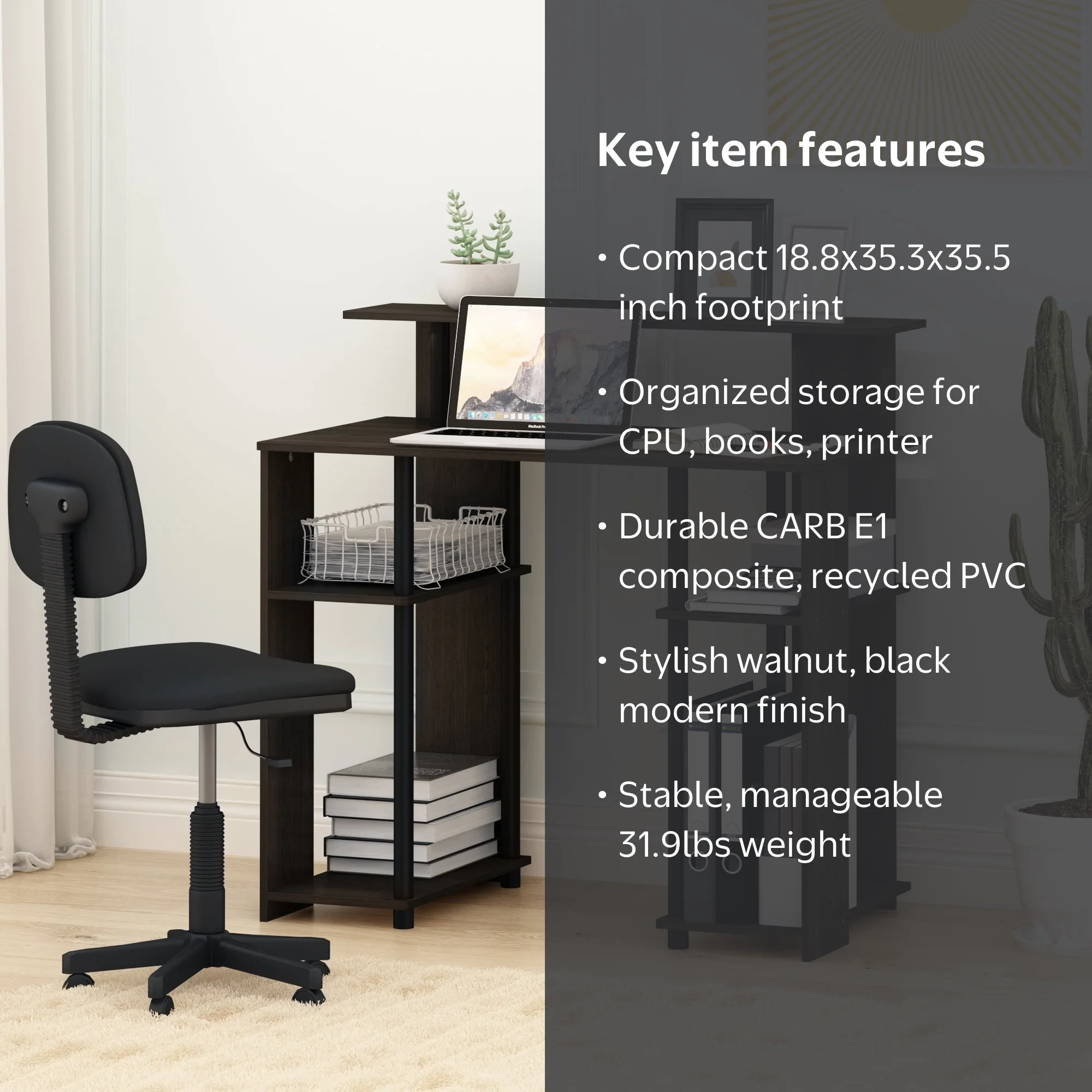 Furinno JAYA Computer Writing Desk Walnut, Space Saving Study Desk