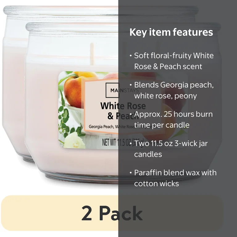 2 pack) Mainstays White Rose & Peach 3-Wick Jar Candle, 11.5 oz