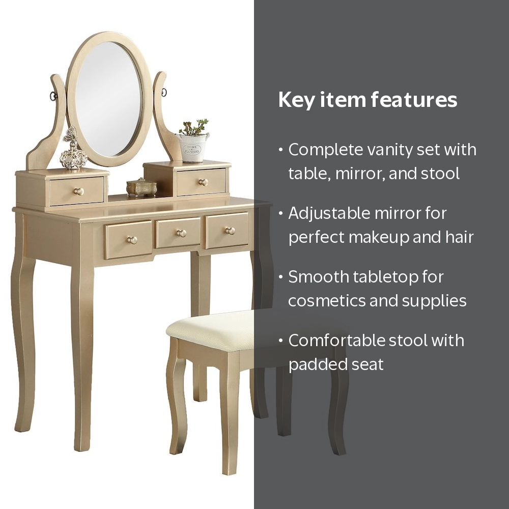 Roundhill Furniture Ashley Wood Makeup Vanity Table and Stool Set