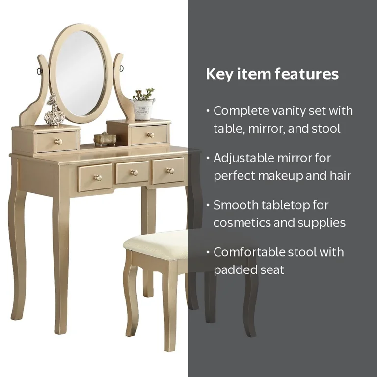 Roundhill Furniture Ashley Wood Makeup Vanity Table and Stool Set