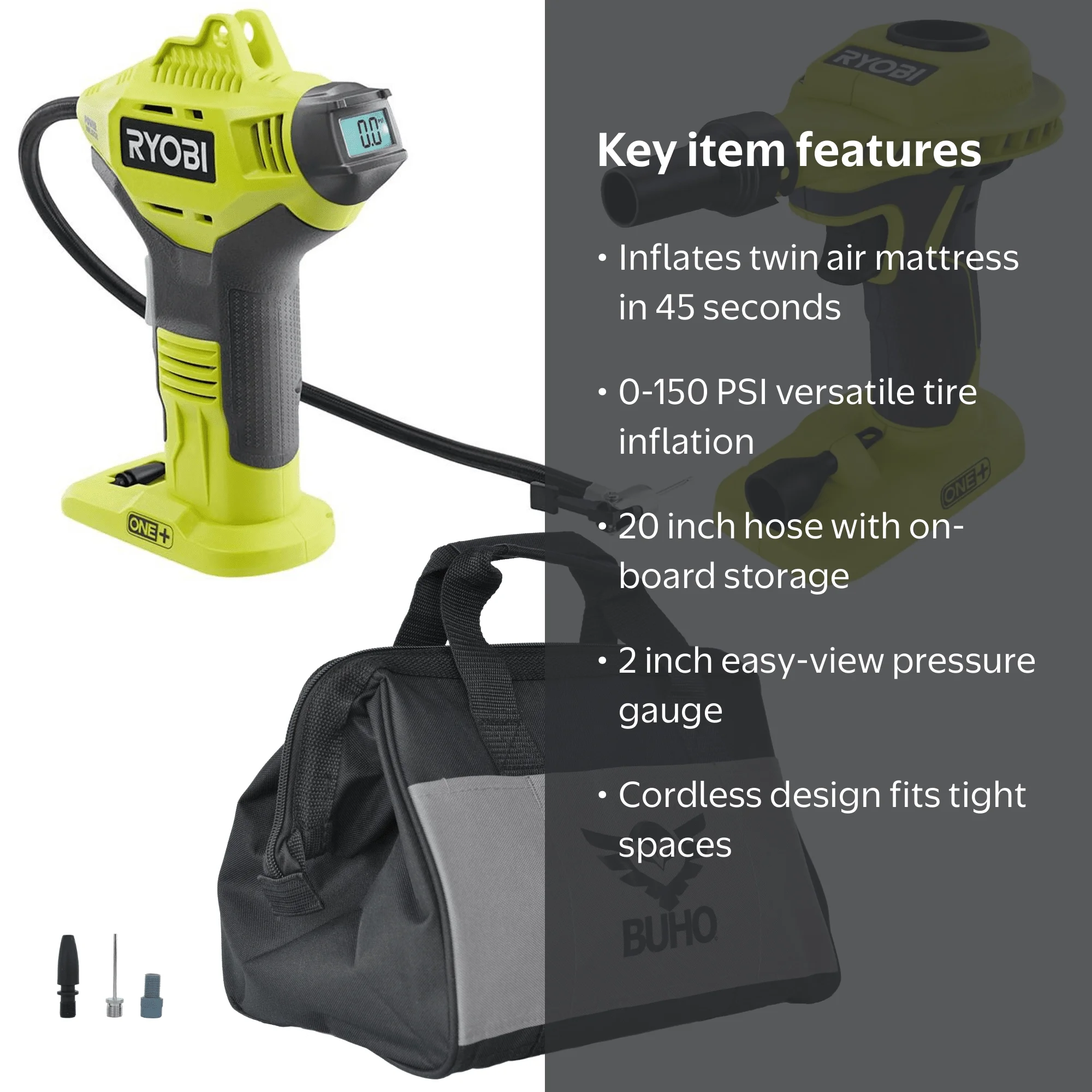 Ryobi P737 Portable Tire Pump Inflator with P738 High Volume