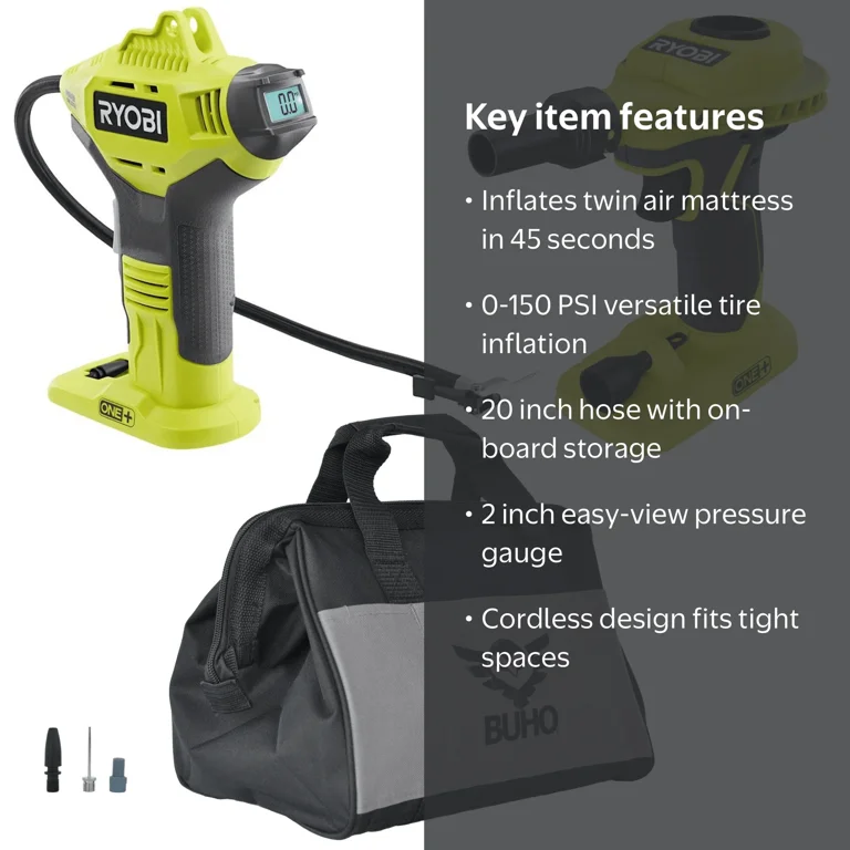 Ryobi P737 Portable Tire Pump Inflator with P738 High Volume