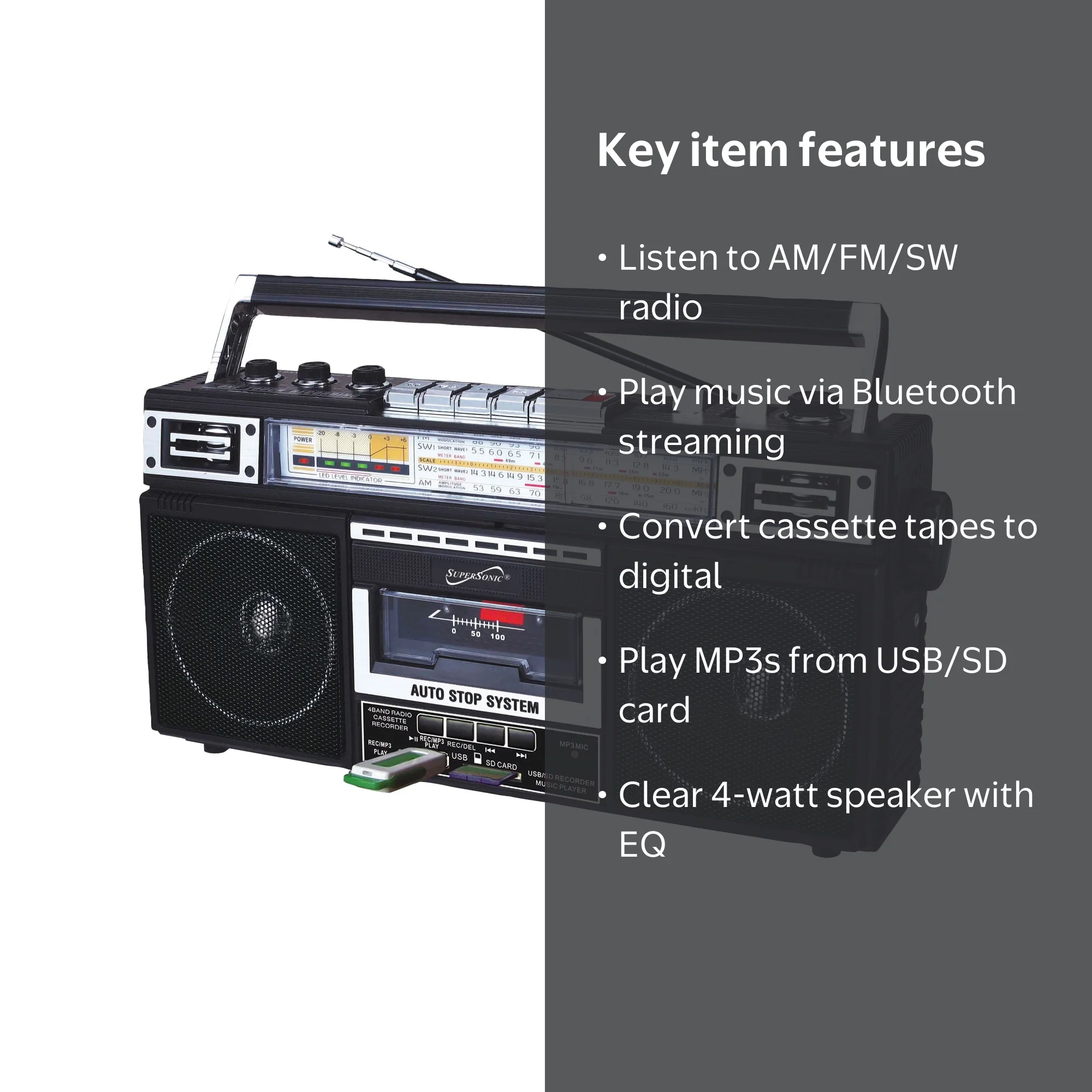 Supersonic Sc-3201bt-bk Retro 4-band Radio And Cassette Player
