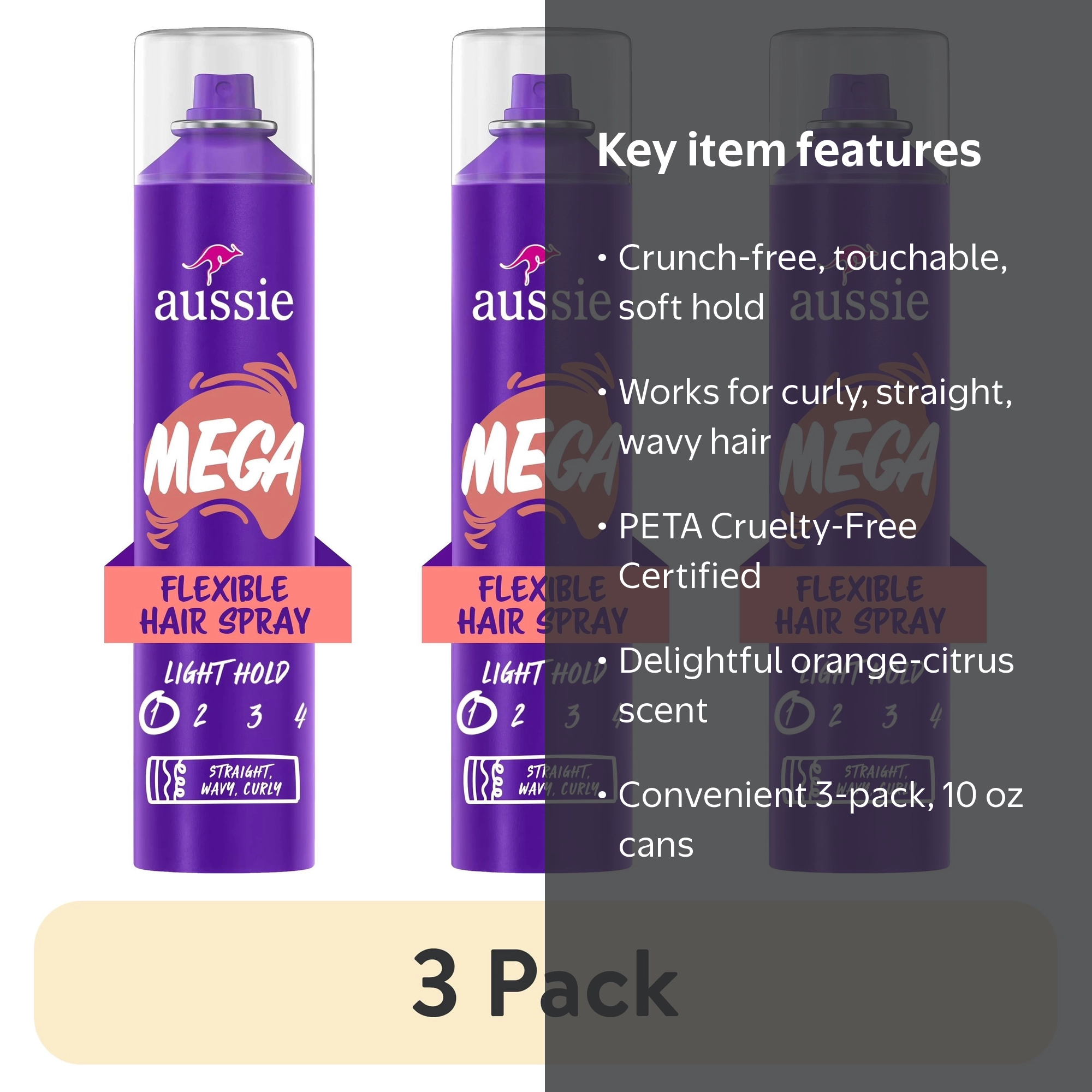 3 pack) Aussie Mega Flexible Hair Spray for Curly Hair, Straight