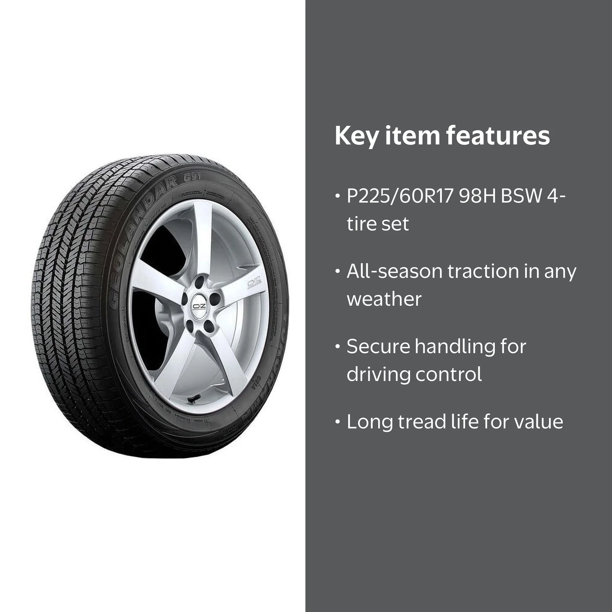 Yokohama Geolandar G91 P225/60R17 98H BSW (4 Tires) Fits: 2018-23