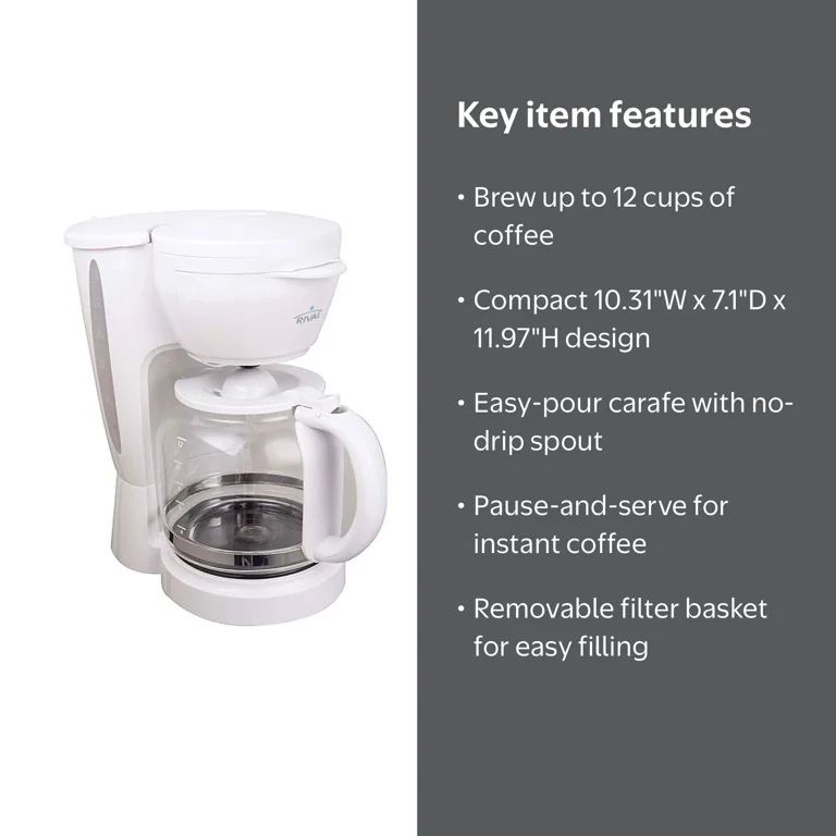 Rival, 12 Cup Coffee Maker, White, CM4306, Easy-Pour Carafe
