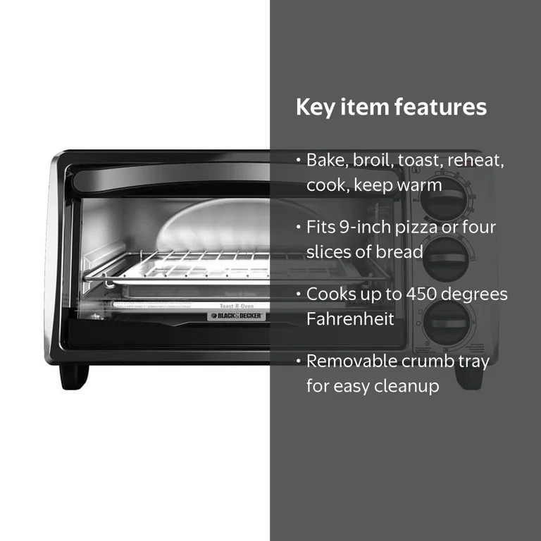 BLACK+DECKER, Toaster Oven, 4 Slices, Black, Fits 9 BLACK+DECKER, Toaster Oven, 4 Slices, Black, Fits 9