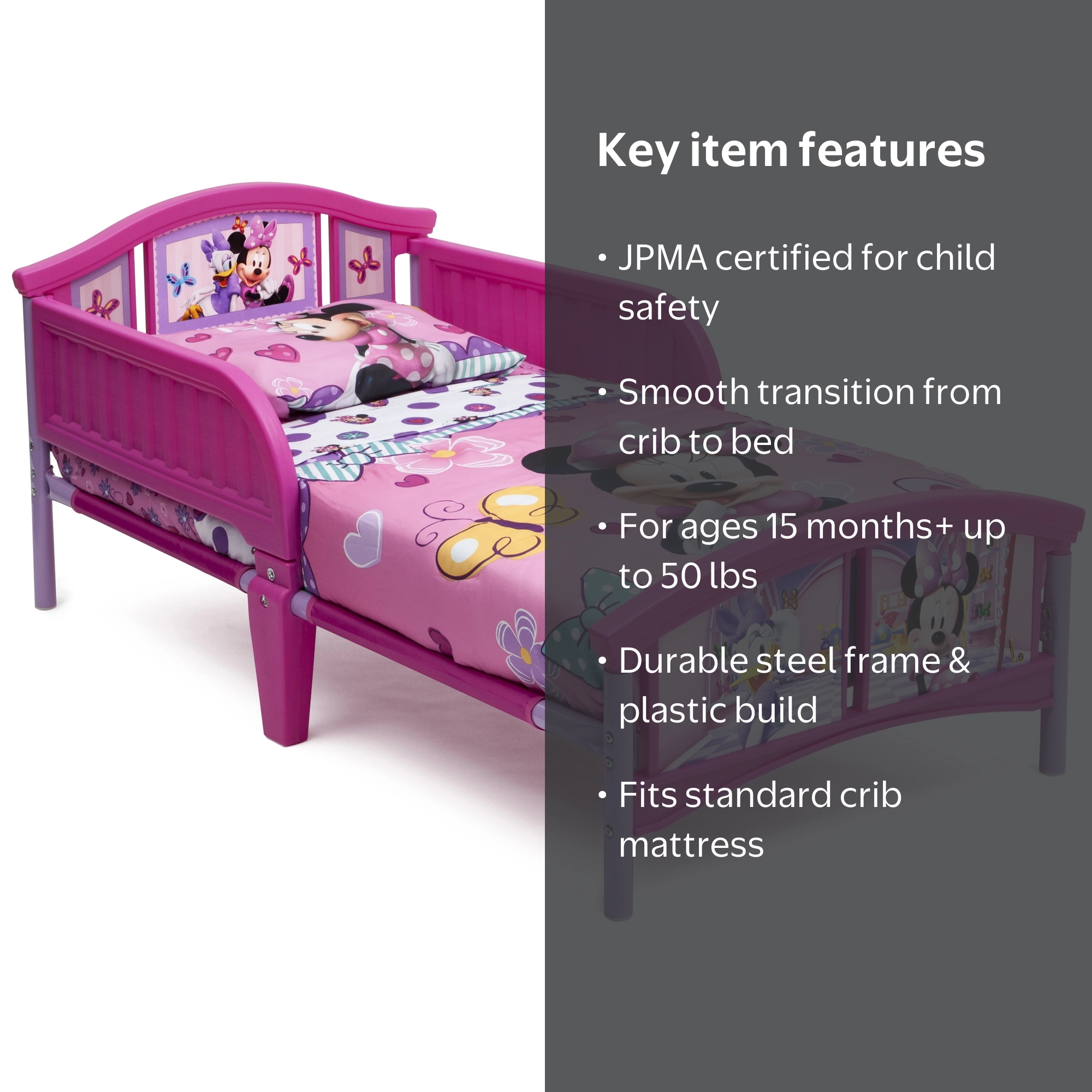 Girls Pink Minnie Mouse Toddler Bed With Safety Rails – Wooden Kids Bedroom Furniture
