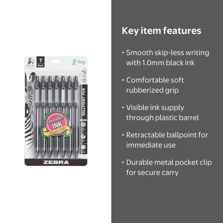 Zebra Z-Grip Retractable Ballpoint Pen 1.0 mm Black Ink 7-Pack