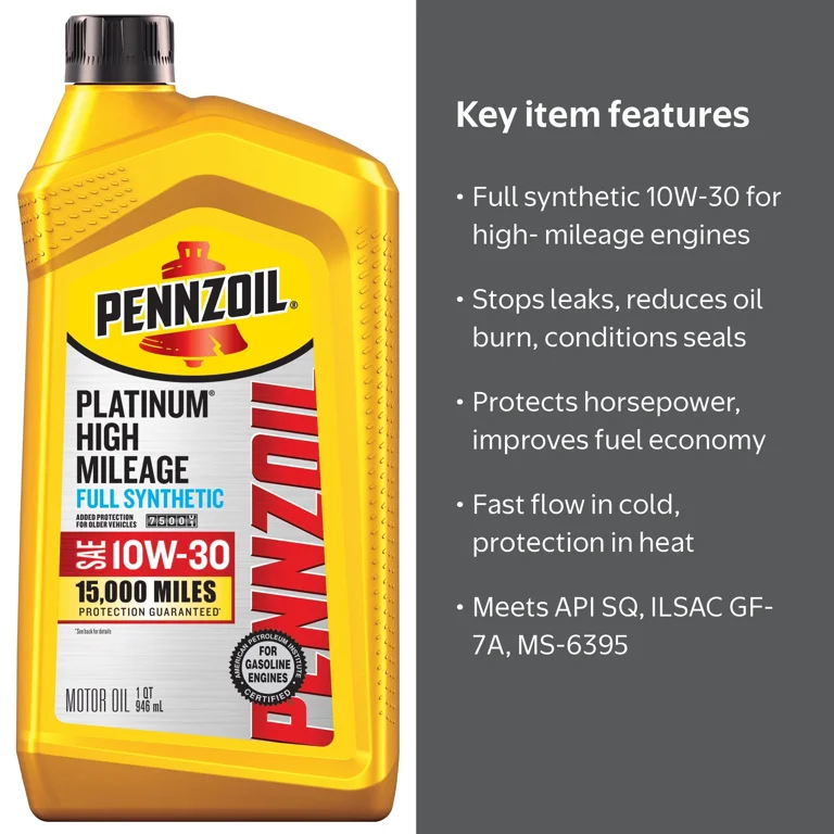 Pennzoil Platinum High Mileage Full Synthetic 10W-30 Motor Oil, 1