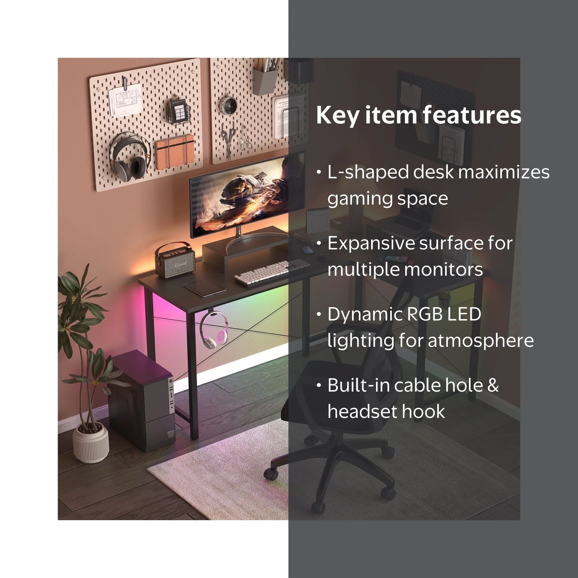 GTRACING L-Shaped Gaming Desk with RGB Light and Removable Storage