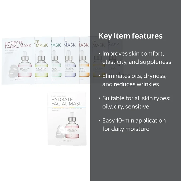 Dermal Shop Hydrate Facial Mask - 7 Masks for Daily Use - Skincare