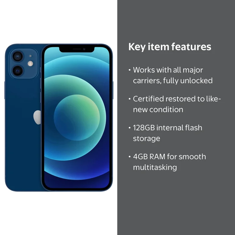 Apple iPhone 12, Fully Unlocked, 128GB, Blue, Refurbished