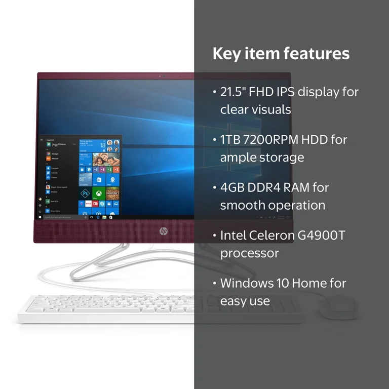 HP 22 All-in-One PC Desktop Computer, Intel Celeron, 4GB, 1TB, DVD