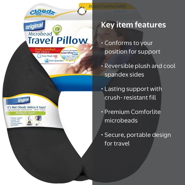 Cloudz, Microbead Travel Neck Pillow, Black, Dual Comfort
