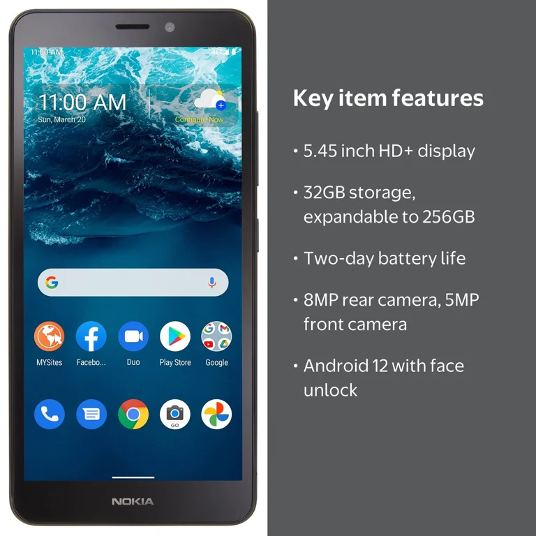 Tracfone Nokia C100, 32GB, Blue - Prepaid Smartphone with Face