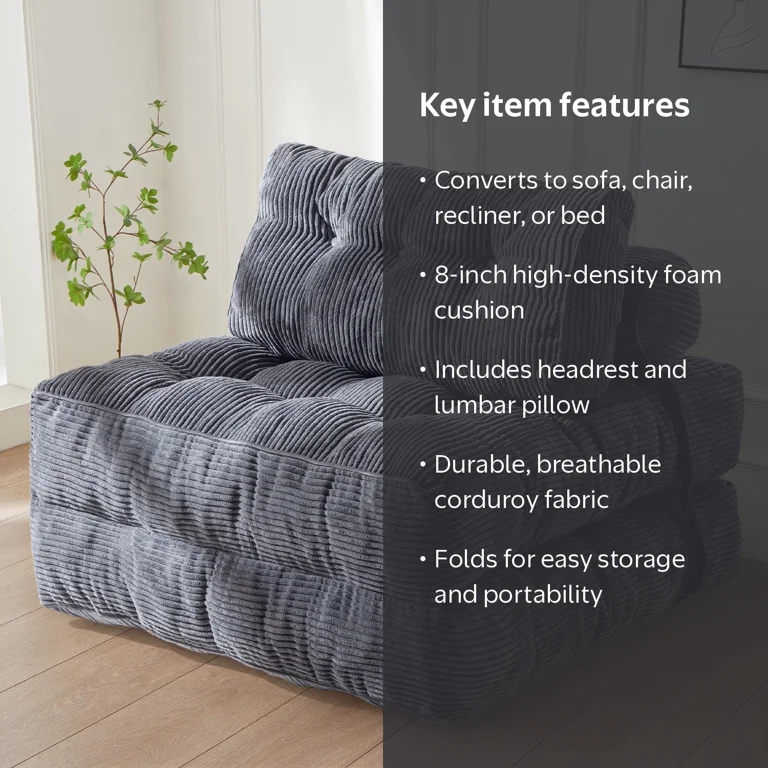 BYBYME, Floor Sofa, Gray corduroy, Convertible with pillow
