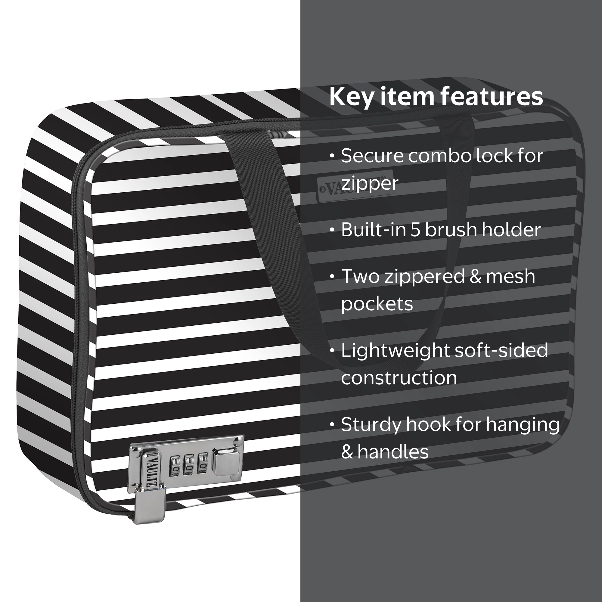 Vaultz Women's Locking Travel Bag, Black & White Stripe, VZ01134