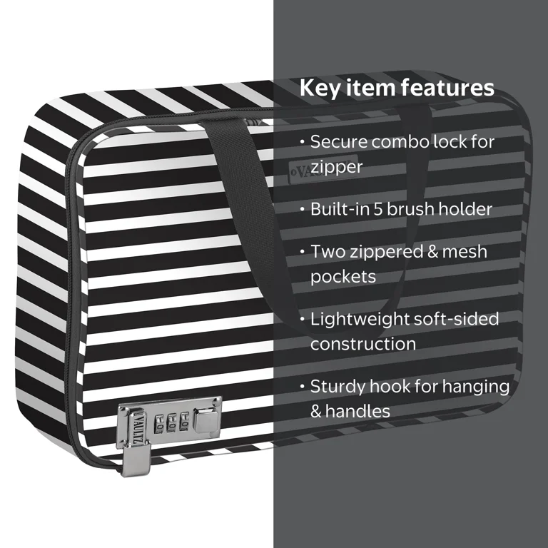 Vaultz Women's Locking Travel Bag, Black & White Stripe, VZ01134