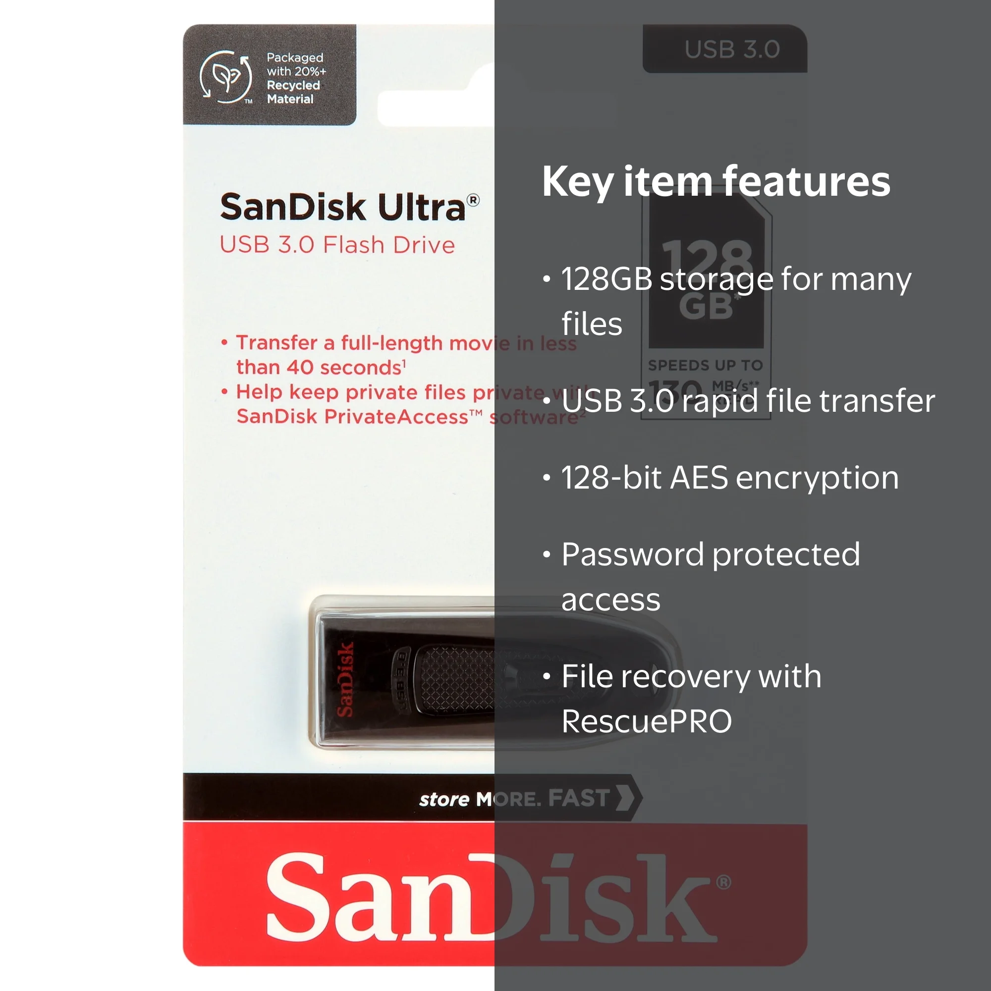 SanDisk, USB 3.0 Flash Drive, 128GB, High-Speed Data Transfer