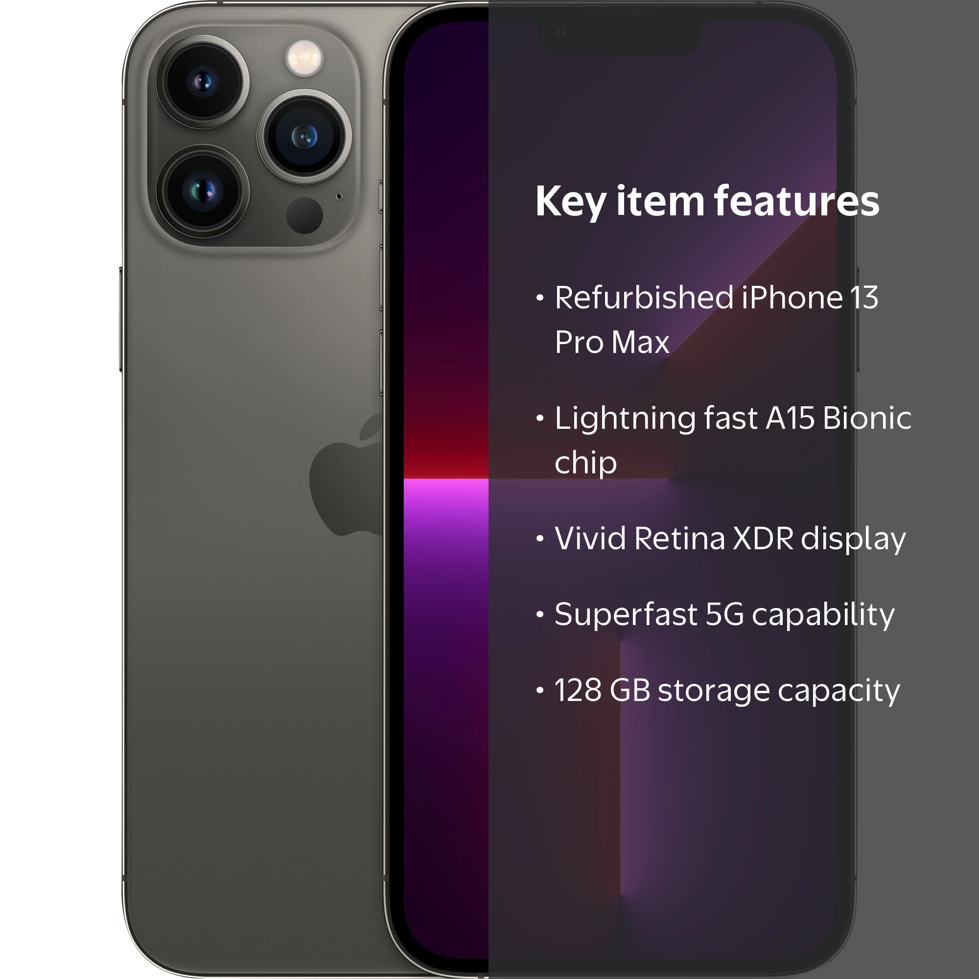 Apple iPhone 13 Pro Max 128GB, Graphite, A15 Bionic Chip, Restored
