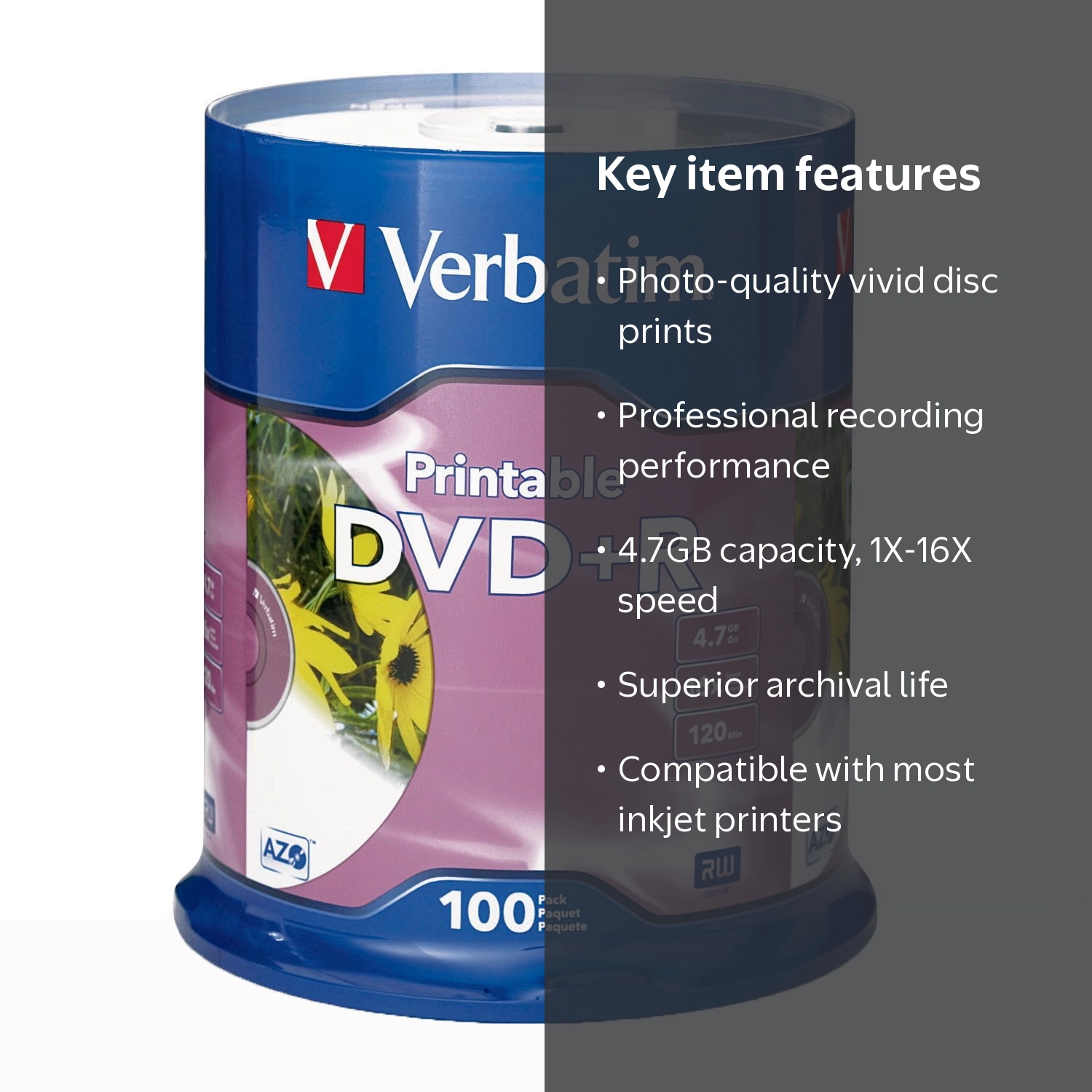 Verbatim, DVD+R 4.7GB 16X White Inkjet Printable, 100pk spindle