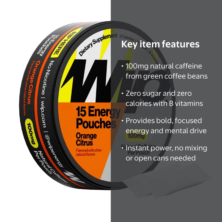 Wip Energy Pouches, 100mg Caffeine, Orange Citrus, 15 Pouches