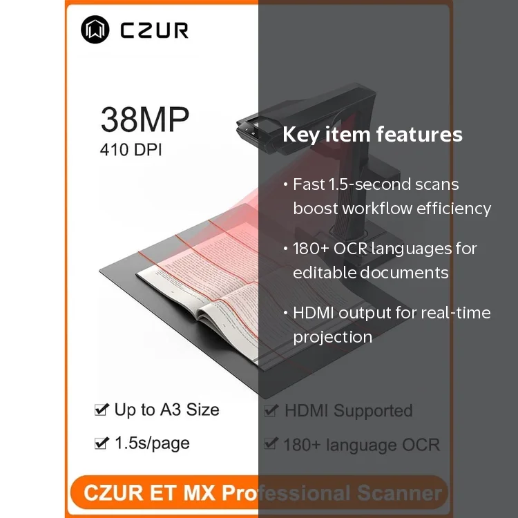 CZUR, Book Scanner, 38MP, A3 Size, OCR, USB High Speed - Walmart.com