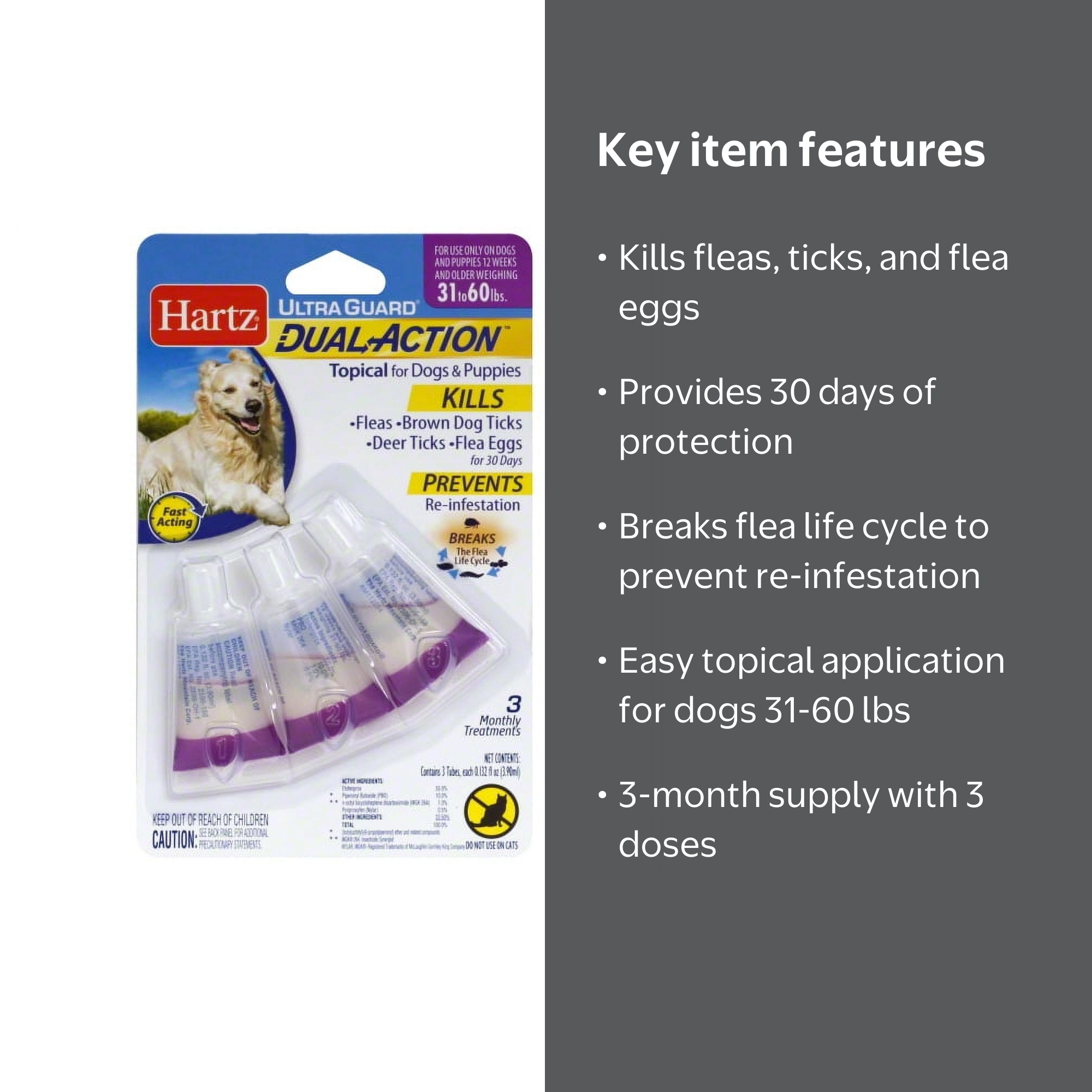 Hartz Flea and Tick Topical for Dogs 31-60 lbs 3 Doses, Dual
