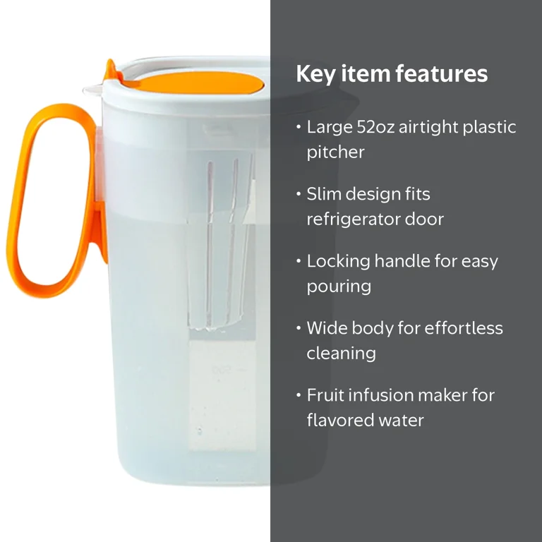 Hxoliqit 52oz Airtight Plastic Pitcher, Lemon Lime Print, Slim Tea