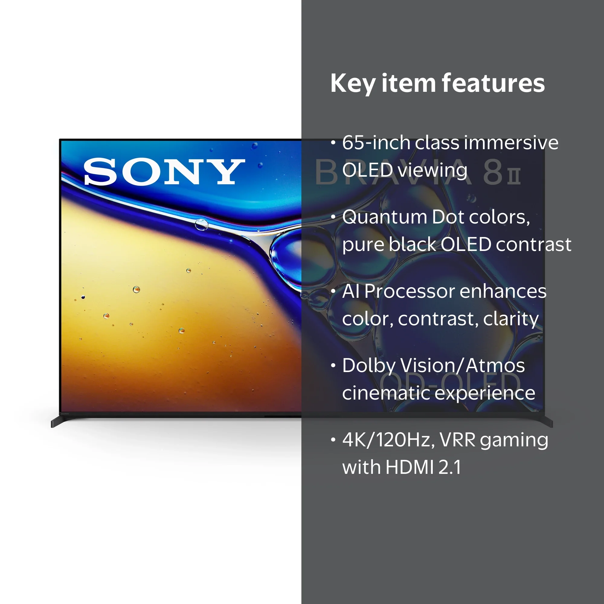 Sony, BRAVIA 8 II QD-OLED 4K HDR Smart Google TV, 65 inch, Black