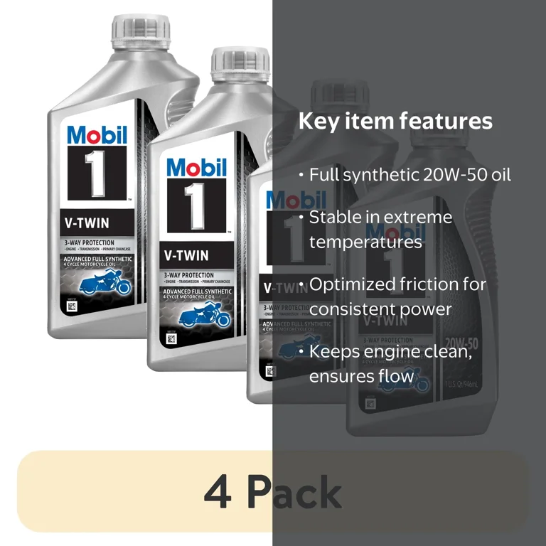 Mobil 1 V-Twin Full Synthetic Motorcycle Oil 20W-50, 4 pack, 1 qt