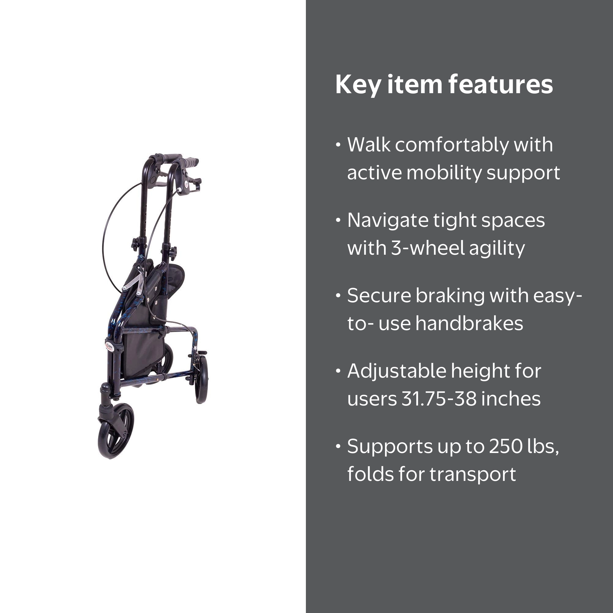 Carex Aluminium 3 Wheel Rollator Walker for Seniors, Height